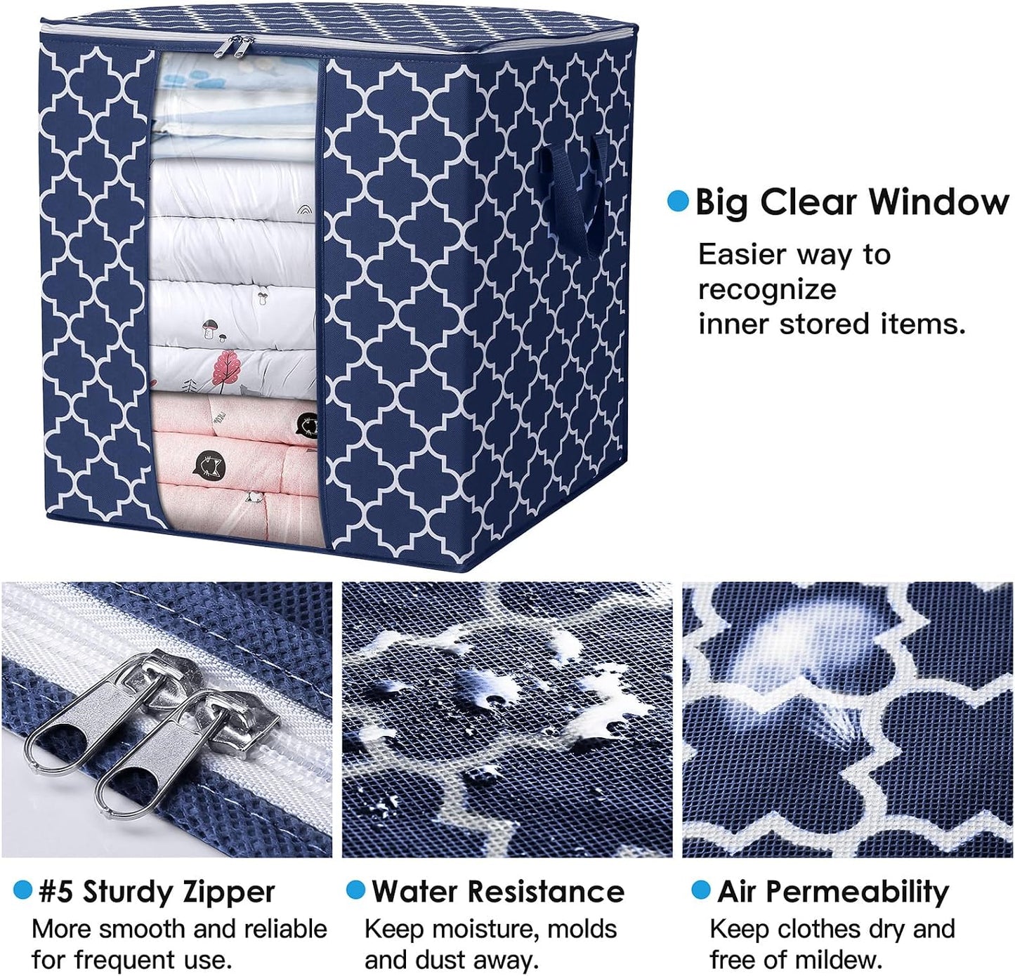 WISELIFE Storage Bags 3 Pack/100L Large Blanket Clothes Organization and Storage Containers for Comforters,Bedding, Foldable Organizer with Reinforced Handle, Clear Window, Sturdy Zippers,Gray