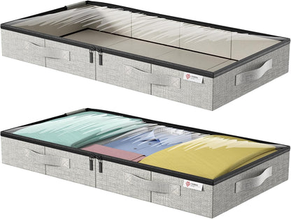 4.5 Inches Under Bed Storage Containers with Sturdy Sidewalls/Bottom and Reinforced Handles，Low Profile Underbed Storage for Clothes,Shoes,Pillows and Blankets with Zips and Clear Windows,4 Pack