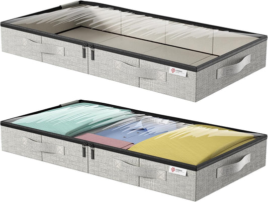 4.5 Inches Under Bed Storage Containers with Sturdy Sidewalls/Bottom and Reinforced Handles，Low Profile Underbed Storage for Clothes,Shoes,Pillows and Blankets with Zips and Clear Windows,4 Pack