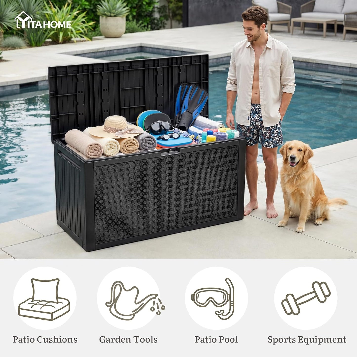 YITAHOME 100 Gallon Large Outdoor Deck Box | Waterproof Resin Storage Box, Lockable Indoor Outdoor Storage Container for Patio Furniture Cushions, Pool Accessories