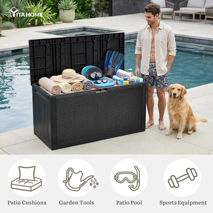 YITAHOME 100 Gallon Large Outdoor Deck Box | Waterproof Resin Storage Box, Lockable Indoor Outdoor Storage Container for Patio Furniture Cushions, Pool Accessories