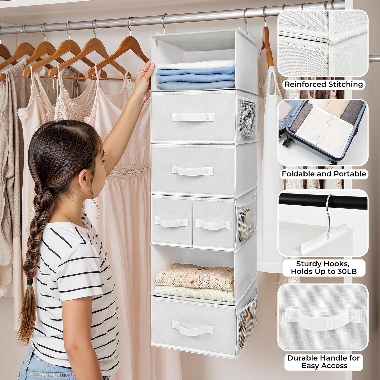GRANNY SAYS Hanging Closet Organizer 6 Shelves, Closet Organizers and Storage with 5 Drawers, 6 Side Pockets Closet Hanging Organizer, Hanging Storage Organizer for Closet, Baby Clothes, Gray