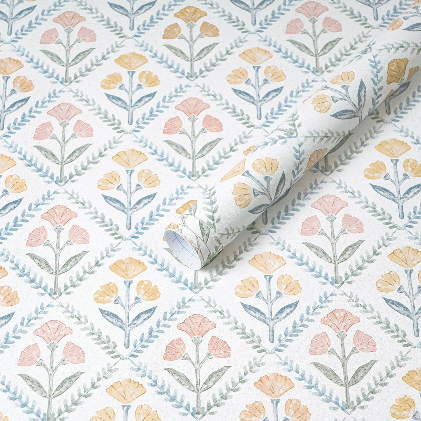 Dimoon 17.3''x78.7'' Peel and Stick Wallpaper Floral Cute Contact Paper Vintage Village Country Cottage Wallpaper Farmhouse Yellow Beige Renter Friendly Geometry Waterproof Embossed Kitchen Bedroom