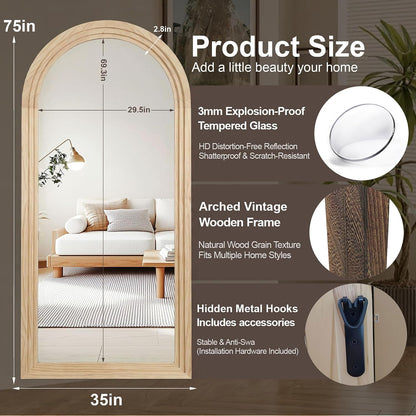 Delma Arched Full Length Floor Mirror with Stand, 75x35 Rustic Farmhouse Solid Wood Frame Wall Mirror for Bedroom, Living Room, Vertical Hanging & Standing(Brown)