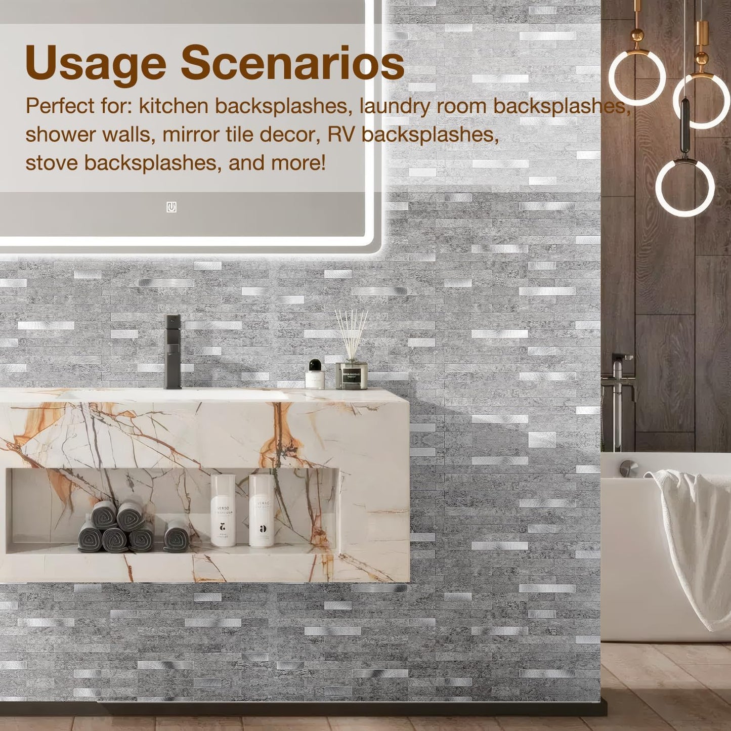 Peel and Stick Backsplash Tile Waterproof Removable PVC Wall Sticker 3D Faux Stone Marble Brick White Accent Panels (White Marble - Metal Silver, 20 Tiles - 9 sq. ft. (0.84 M²))