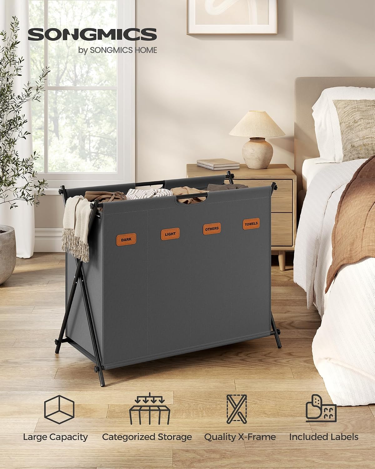 SONGMICS Laundry Hamper, Laundry Basket, 35.7 Gal. Laundry Sorter 3 Sections, Collapsible X-Frame, Clothes Organizer with Customizable Labels, Laundry Room, Bedroom, Bathroom, Slate Gray ULCB130G01