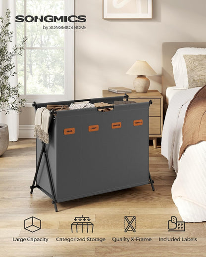 SONGMICS Laundry Hamper, Laundry Basket, 35.7 Gal. Laundry Sorter 3 Sections, Collapsible X-Frame, Clothes Organizer with Customizable Labels, Laundry Room, Bedroom, Bathroom, Slate Gray ULCB130G01