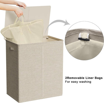 WOWLIVE 180L Laundry Hamper with Lid 3 Section,Large Laundry Basket with Removable Bags and Handles,Collapsible Dirty Clothes Hampers for Laundry,Laundry Basket Organizer for Laundry Room,Dorm,Beige