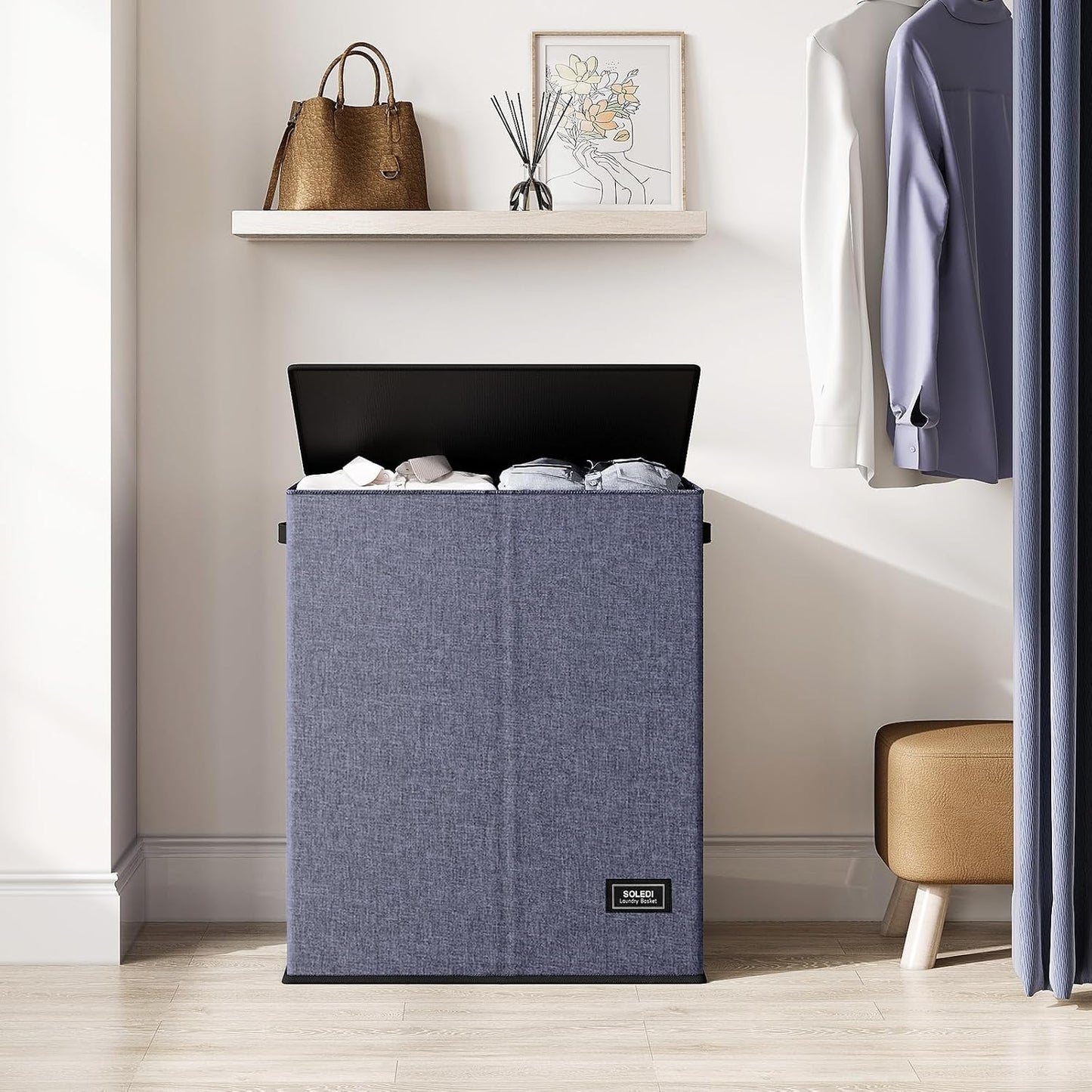 SOLEDI Luxury Double Laundry Hamper with Lid and Removable Bags, 38.3 Gal Large Laundry Bin, Laundry Basket 2 Sections, Collapsible Clothes Hamper for Bedroom, Laundry Room, Bathroom, Off-white