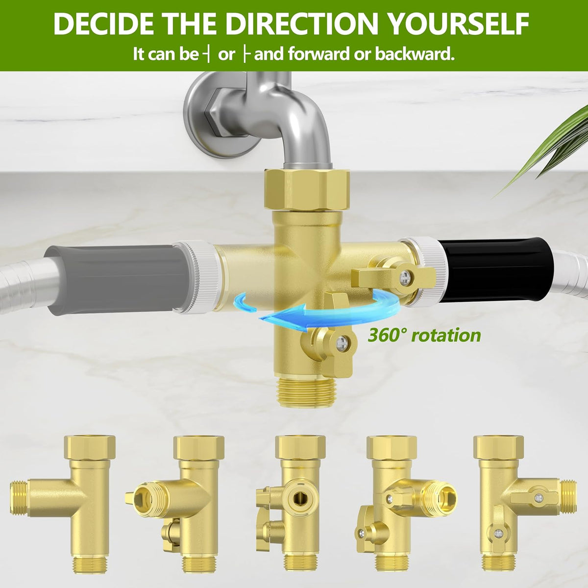 High Flow Solid Metal 2 Way ├ Type Garden Hose Splitter with Shut-Off Valves, 360 Degree Rotation 3/4" Spigot Faucet Connectors with 2 Extra Silicone Washers(Golden)