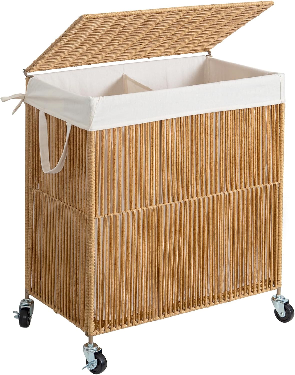 WOWLIVE Laundry Hamper with Wheels, 160L Handwoven Rolling Laundry Basket 3 Section with Lid, Clothes Hamper with Removable Liner Bags, Large Capacity Laundry Sorter Laundry Room Organization, Natural