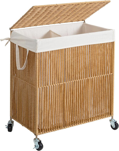 WOWLIVE Laundry Hamper with Wheels, 160L Handwoven Rolling Laundry Basket 3 Section with Lid, Clothes Hamper with Removable Liner Bags, Large Capacity Laundry Sorter Laundry Room Organization, Natural