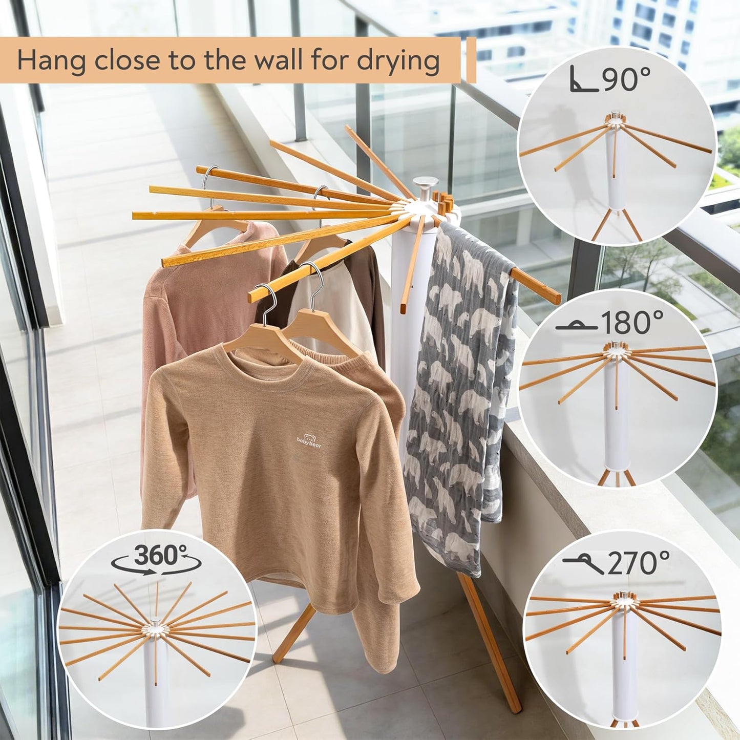 ZOFGENOW Clothes Drying Rack, Foldable Wooden Tripod Drying Rack Clothing for Small Apartments Balcony Bedroom, Portable Space Saving Laundry Rack, Floor Standing with 16 Poles for Indoor Air Drying