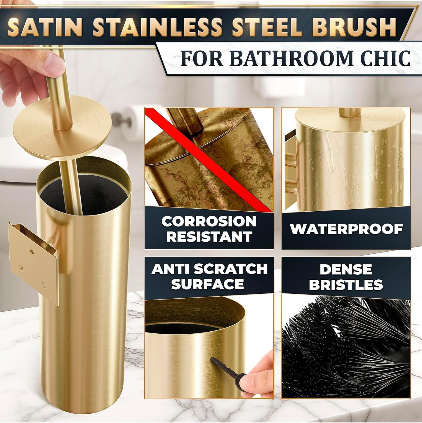 Black Toilet Brush and Holder Set - Slim Matte Design that Fits Anywhere - Stainless Steel Toilet Bowl Brush and Holder with 2 Rounded Corners, Replaceable Head, Removable Inner Bowl & Splash Guard