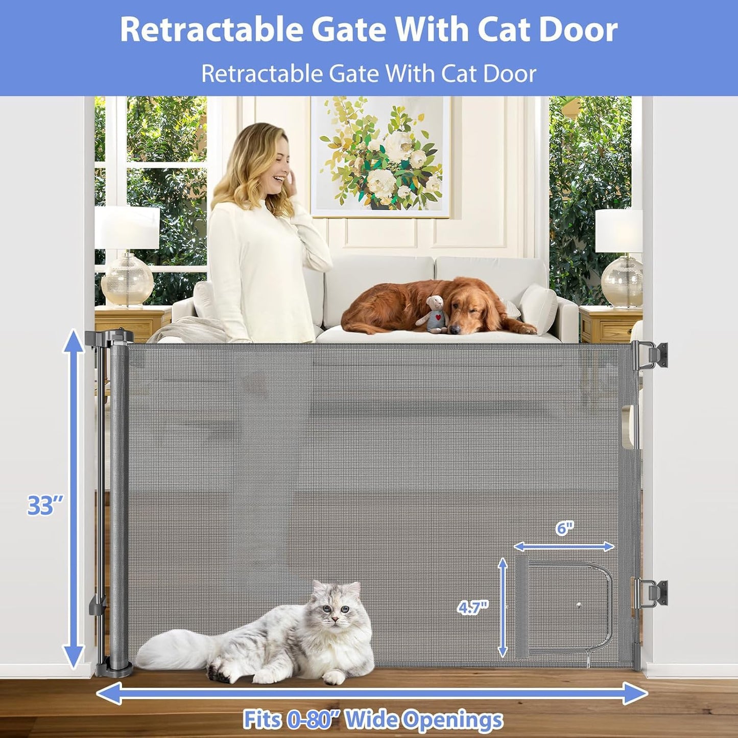 Retractable Baby Gate with Cat Door 55" Wide Retractable Baby Gate for Stairs Mesh Baby Gate with Pet Door Retractable Dog Gate for The House Retractable Pet Gate with Door Safety Gates for Toddlers