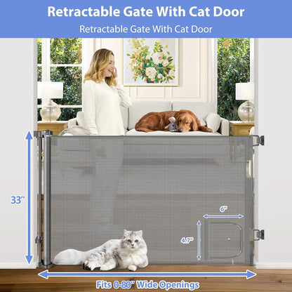 Retractable Baby Gate with Cat Door 55" Wide Retractable Baby Gate for Stairs Mesh Baby Gate with Pet Door Retractable Dog Gate for The House Retractable Pet Gate with Door Safety Gates for Toddlers