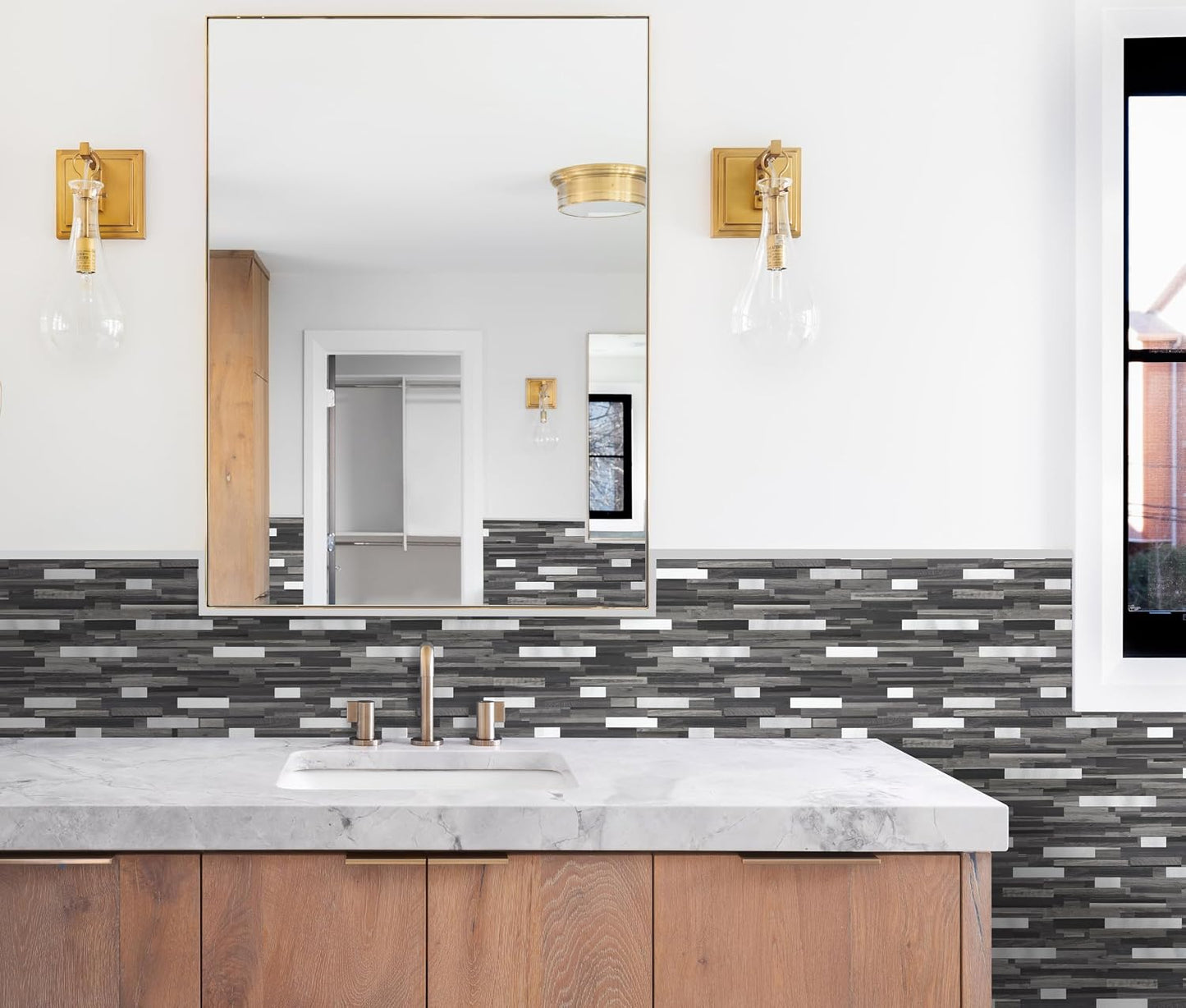 Yipscazo 2026 New Upgrade 11.34" X 11.57" Peel and Stick Backsplash, Stick on Backsplash Tiles for Kitchen, Bathroom, Fireplace (10 Sheets, Beige Rocks + Rose Gold)