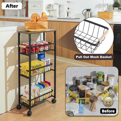 Narrow Rolling Cart with Wheels, 4-Tier Slim Metal Storage Cart with Pull-Out Baskets, 7.87 Inch Width Small Laundry Room Organizer Cart, Space-Saving for Kitchen, Bathroom