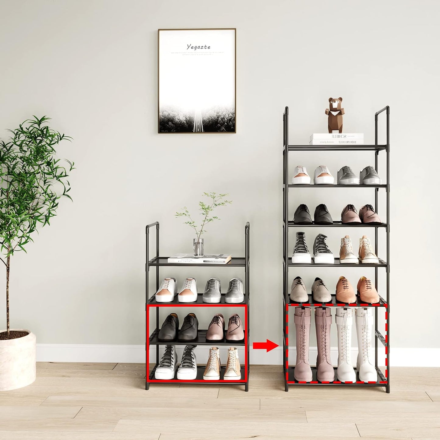 Upgrade Stackable Small Shoe Rack, 4-Tier Shoe Shelf Storage Organizer with Handle for Entryway, Hallway and Closet (Black)
