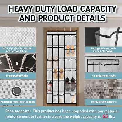 Kotkn Over the Door Shoe Organizer with 30 Breathable Mesh Pockets - Large Capacity Closet Storage for Men & Women, Hanging Shoe Rack Organizer (Gray)