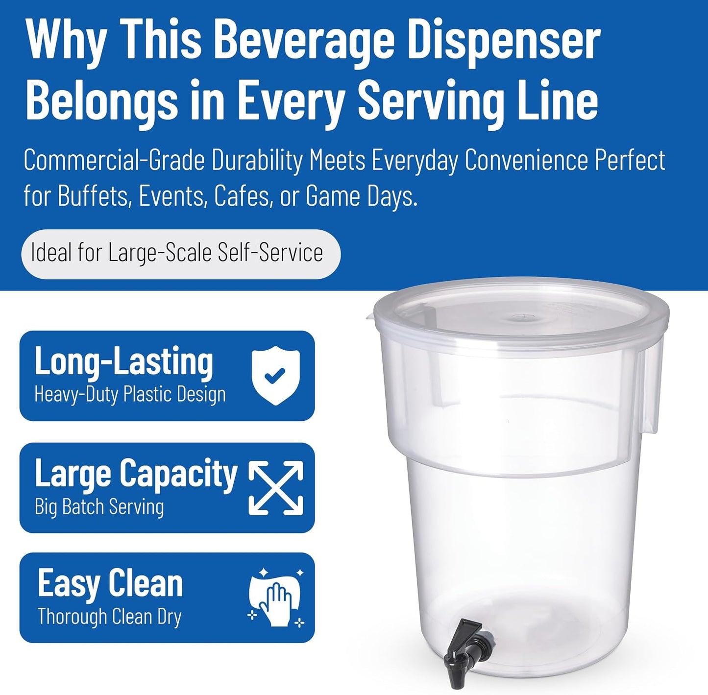 Carlisle FoodService Products Round Beverage Dispenser, Durable Drink Dispenser with Spigot and Sturdy Base for Catering, Events, and Parties, Plastic, 5 Gallons, Black