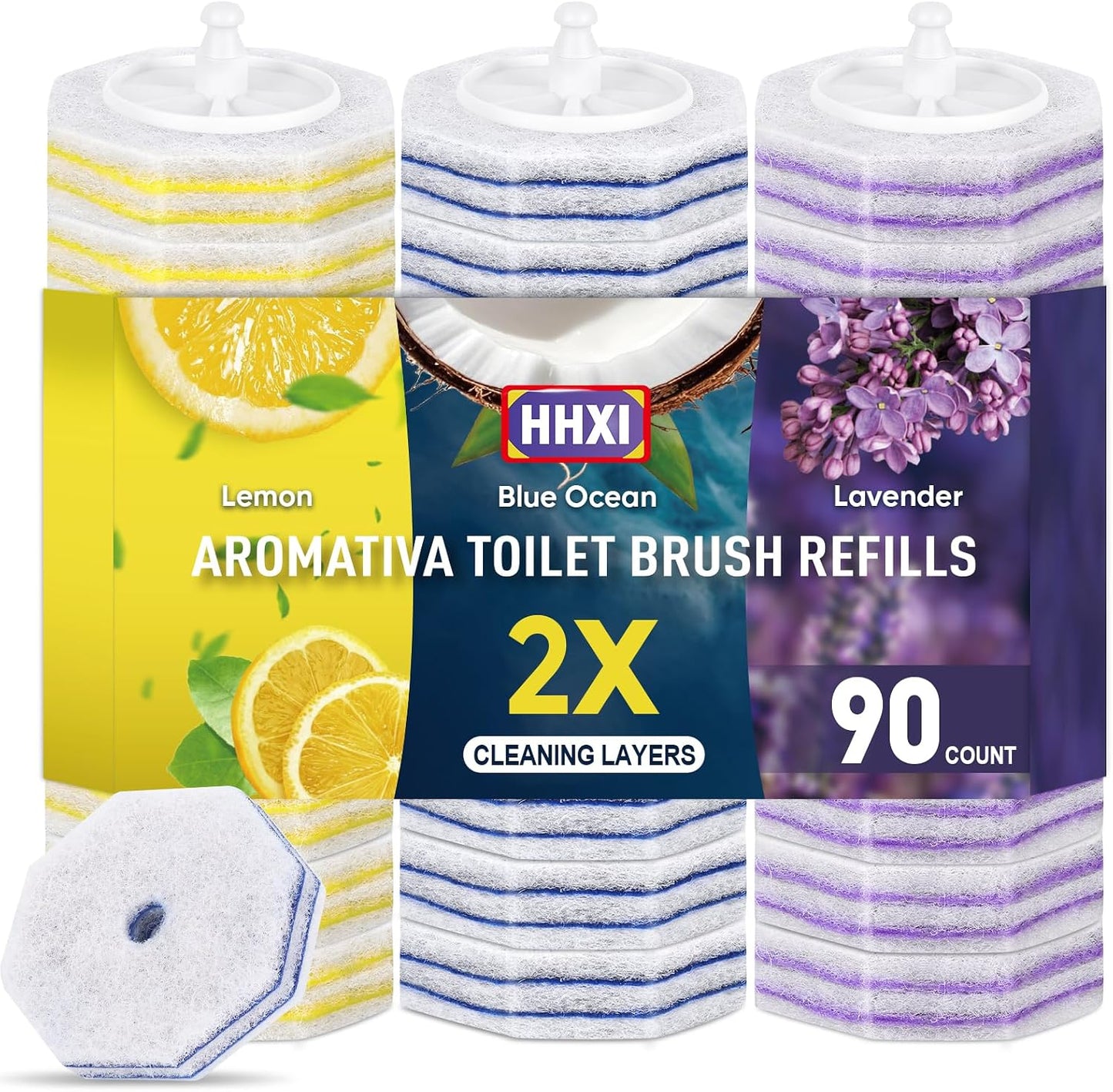 15Ct Aromative Toilet Brush Refills, Toilet Bowl Cleaner Refills, Double-Layer Cleaning Pads Added, Disposable Refill Heads for Toilet Bowl Cleaner Wands，Lemon, Blue Ocean, Lavender （Patented）