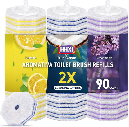 15Ct Aromative Toilet Brush Refills, Toilet Bowl Cleaner Refills, Double-Layer Cleaning Pads Added, Disposable Refill Heads for Toilet Bowl Cleaner Wands，Lemon, Blue Ocean, Lavender （Patented）
