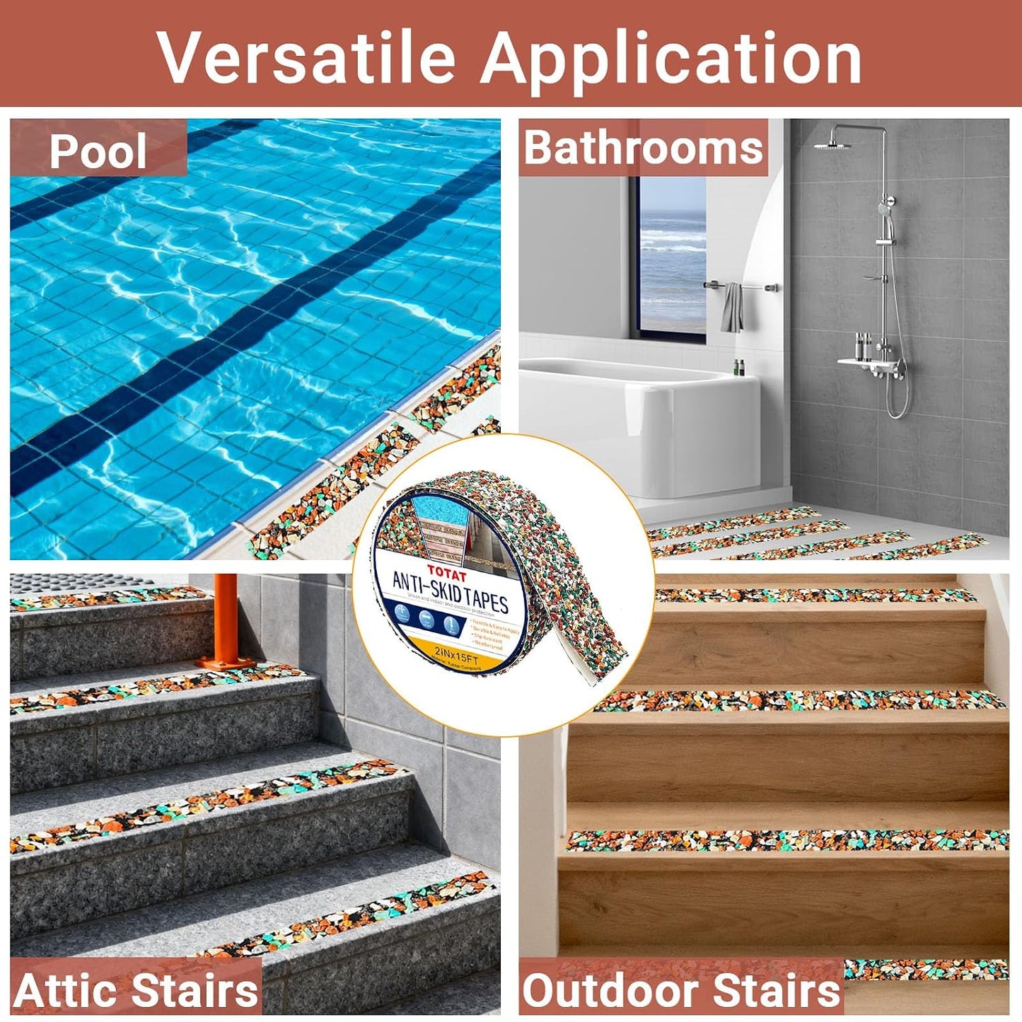 Waterproof Tape for Pools, 4" x15FT Heavy Duty Anti Slip Stair Treads Outdoor Tape Non-Slip Rubber Grip Tape Shower Strips Slip Resistant Tape Traction Tape for Stairs Showers Bathroom Trails