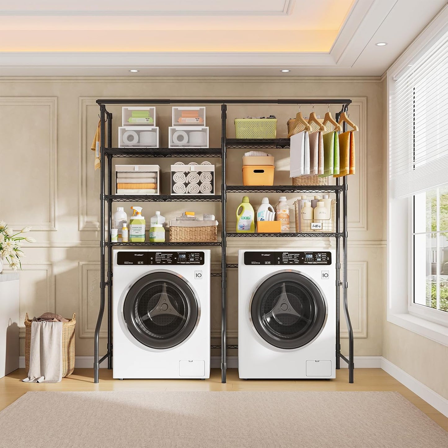 ONBRILL Expandable Over Washer and Dryer Shelves, 6 Tiers Laundry Room Organization and Storage with 2 Hanger Rods, 4 Hooks, Adjustable Height Metal Freestanding Clothes Drying Rack, Black