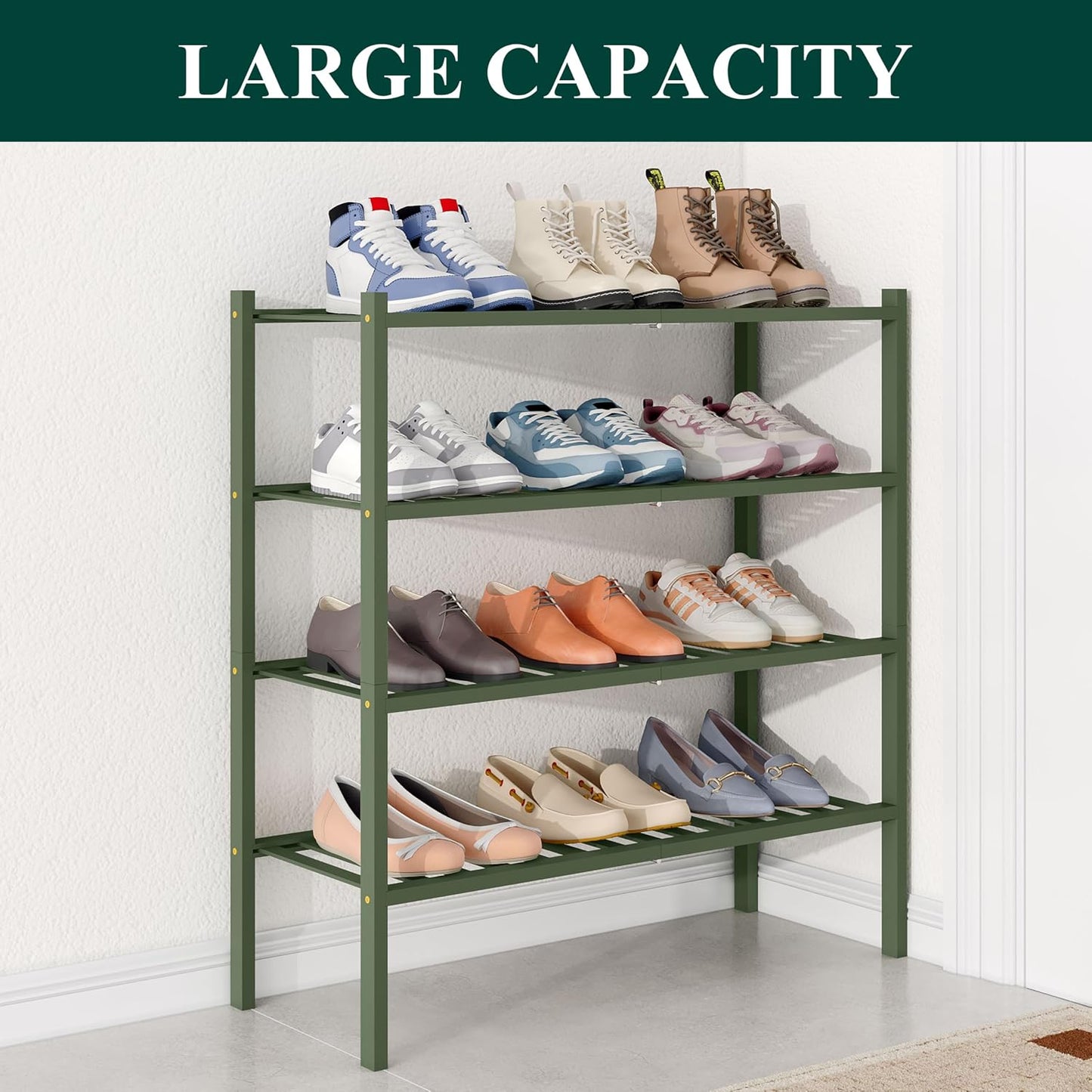 Smiry Bamboo Shoe Rack for Closet, 3 Tier Wooden Shoe Organizer, Stackable Wood Shoe Storage Shelf for Entryway, 14 Vertical Slats, One-piece Heavy-Duty Legs, 26.77"x11.02"x18.31", Natural