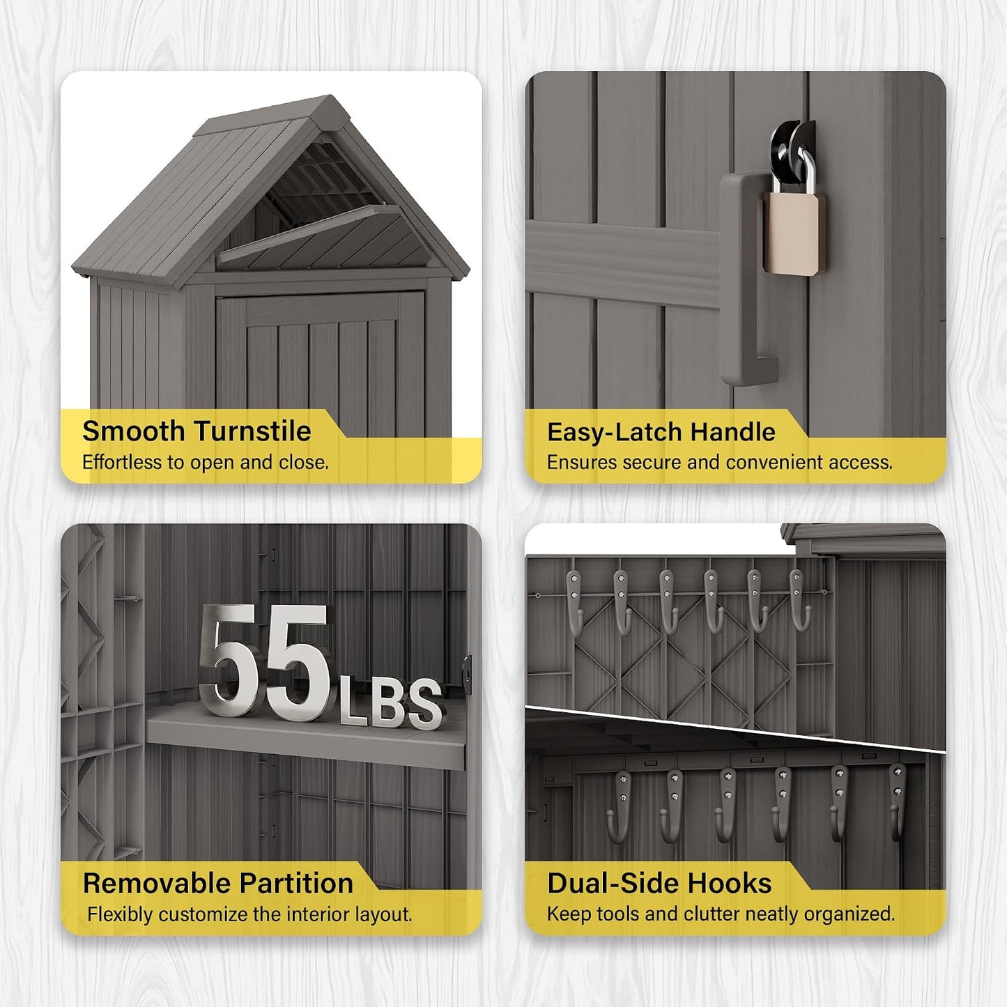 Bifanuo Deck Box Storage Shed Outdoor Storage Cabinet, Vertical Waterproof Resin Material Plastic Shed with Removable Shelves, 12 Hooks and Lock Ring for Garden, Pool and Patio (Classic Black)