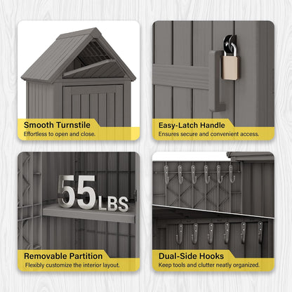 Bifanuo Deck Box Storage Shed Outdoor Storage Cabinet, Vertical Waterproof Resin Material Plastic Shed with Removable Shelves, 12 Hooks and Lock Ring for Garden, Pool and Patio (Classic Black)