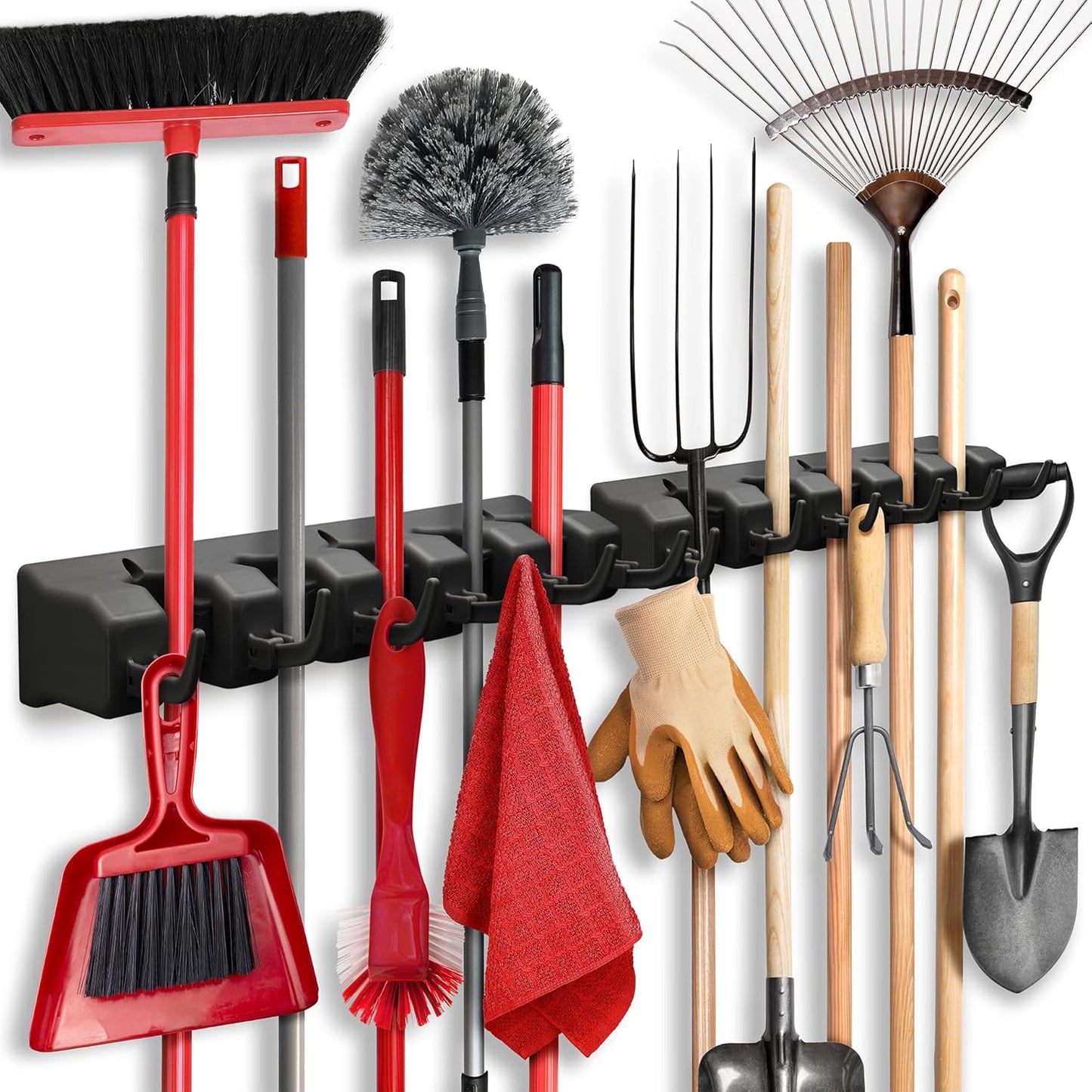 Mop and Broom Holder Wall Mount - Garage Storage Organizer with 5 Slots, 6 Hooks, 7.5lbs Capacity Per Slot - Home, Kitchen, Closet, Garden Tools, Laundry Room Organization – Black Broom Hanger