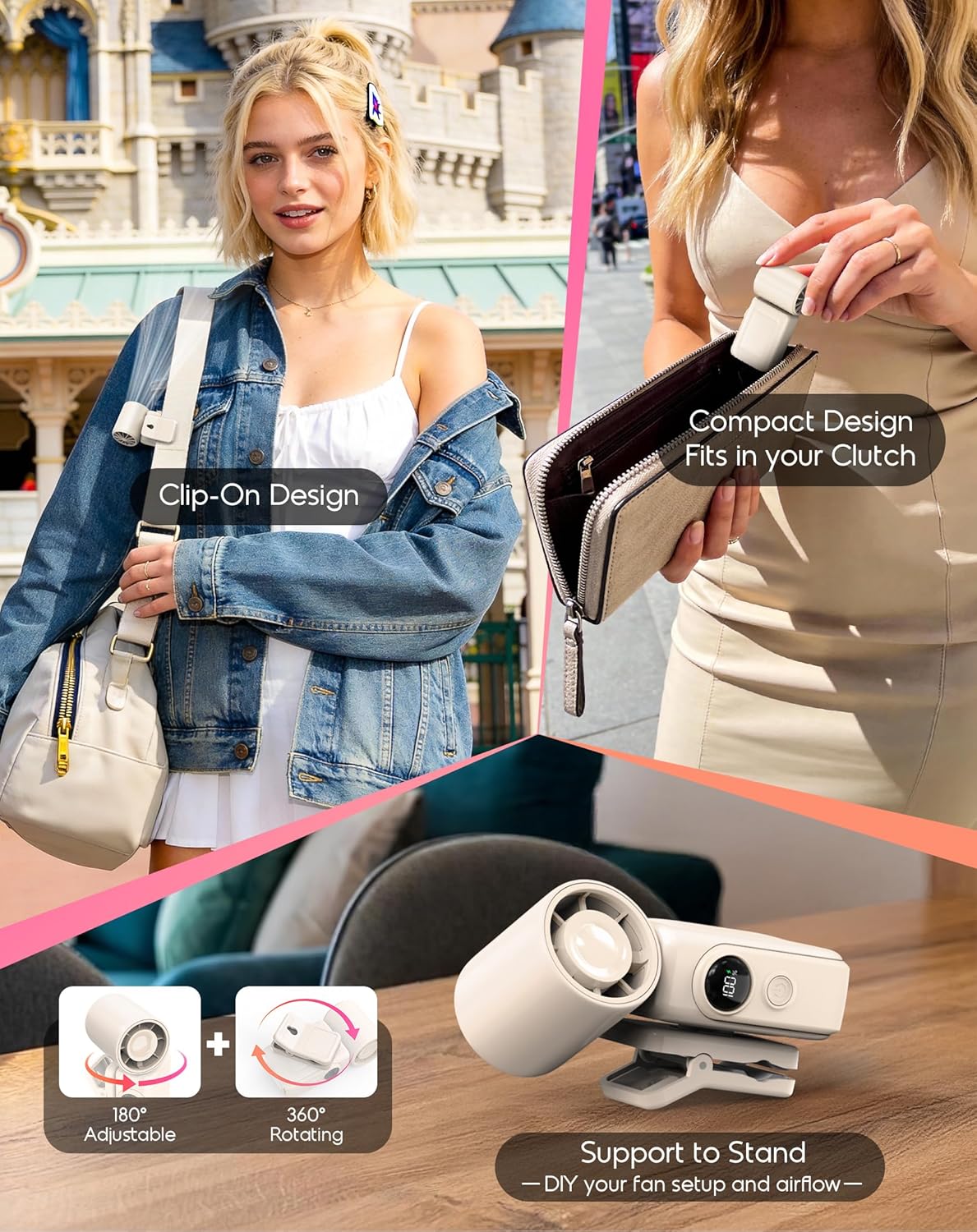 Portable Clip-On Mini Fan, Hands-Free, Turbo Personal Handheld Fans Rechargeable w/ 4 Wind & LED Display, Pocket Size Summer Cooling Essentials for Travel/Eye Lash/Beach/Concert, Gifts for Women(Pink)