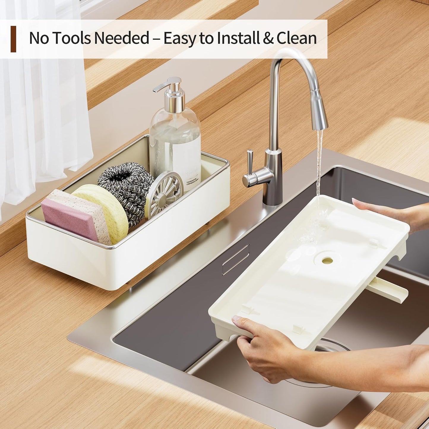 MOUKABAL Sponge Holder for Kitchen Sink – Rustproof Stainless Steel, 360° Rotating Drain Pipe, Large Counter Organizer with Drip Tray for Sponges, Brushes & Dish Cloths Black