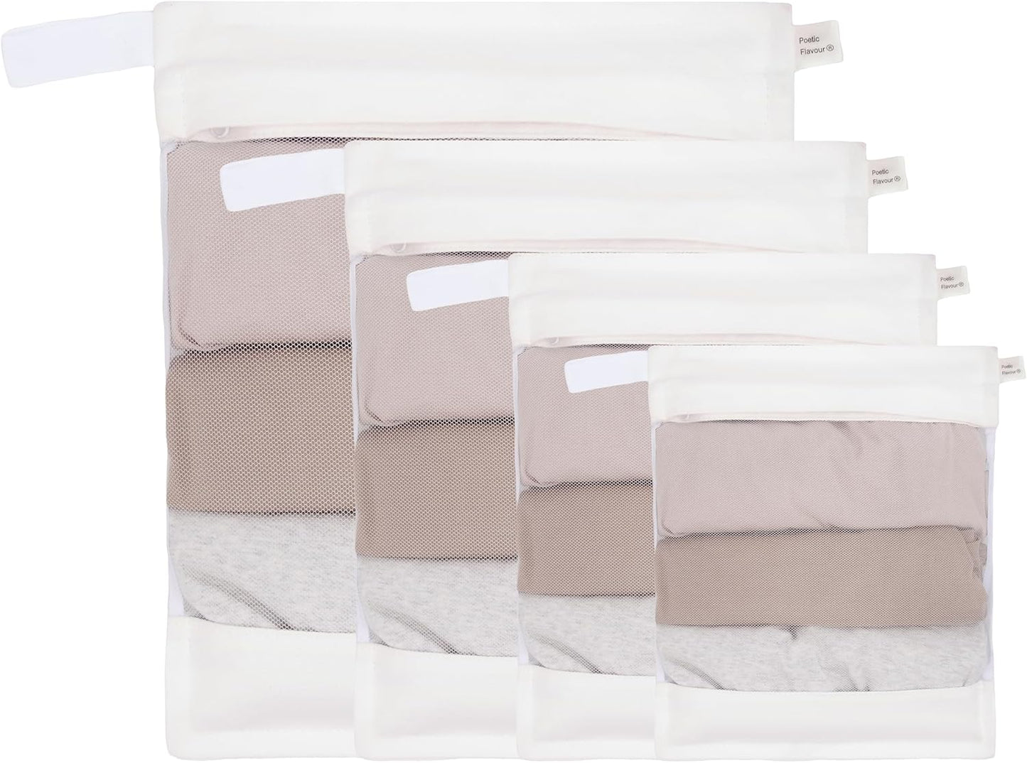 Cotton Mesh Laundry Bags, Set of 4, Dye-Free Natural Delicate Wash Bags with Hidden Zipper, Machine Washable for Bras, Lingerie & Sensitive Fabrics, Available in XXL/XL/L/M