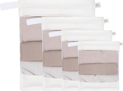 Cotton Mesh Laundry Bags, Set of 4, Dye-Free Natural Delicate Wash Bags with Hidden Zipper, Machine Washable for Bras, Lingerie & Sensitive Fabrics, Available in XXL/XL/L/M