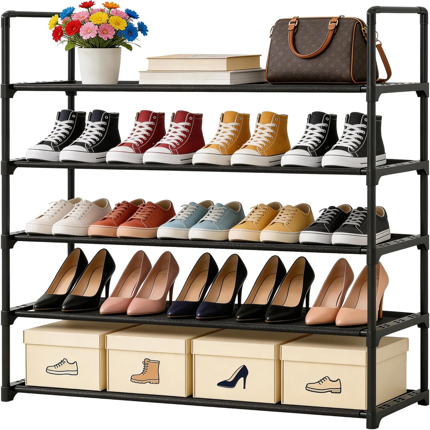 Upgrade Stackable Small Shoe Rack, 4-Tier Shoe Shelf Storage Organizer with Handle for Entryway, Hallway and Closet (Black)