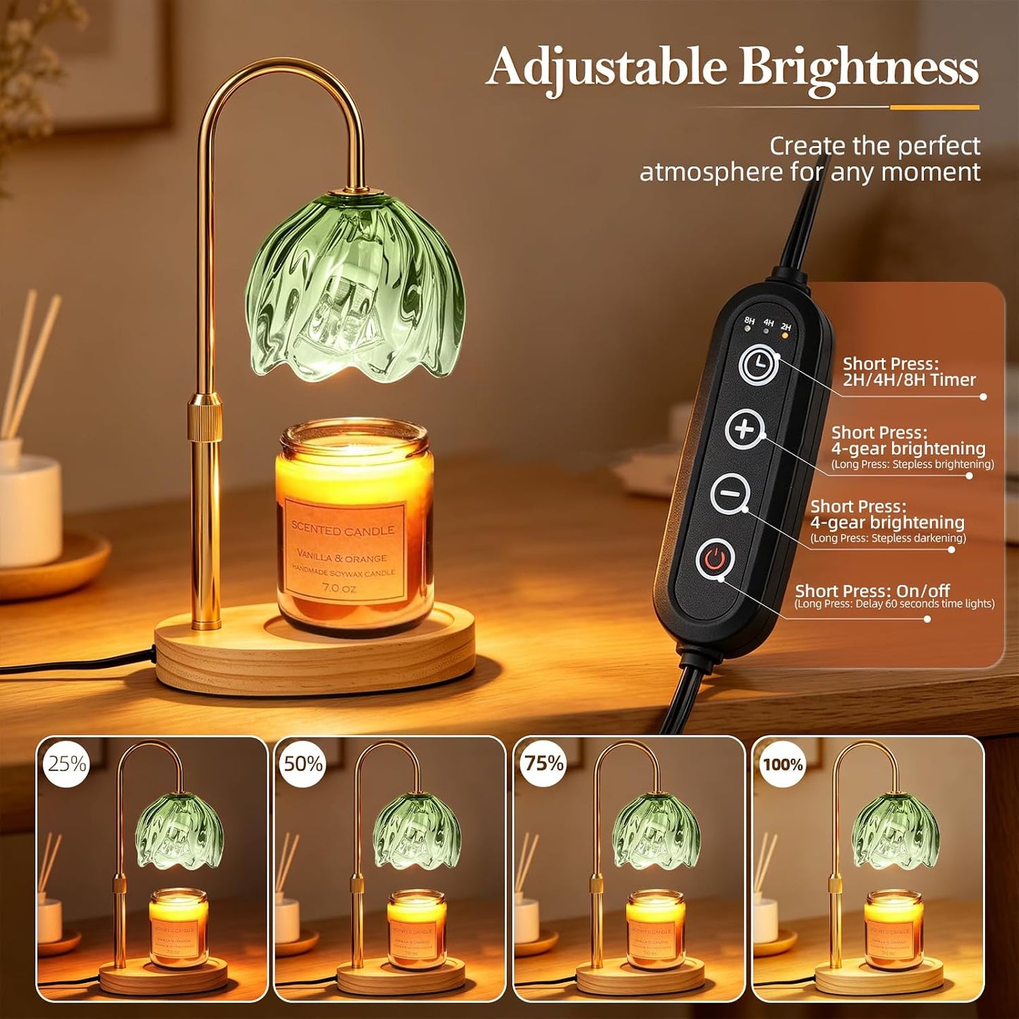 Flower Candle Warmer Lamp with Timer, Dimmable Adjustable Height Wax Melts Warmer for Jar Candles, Birthday Gifts for Women Mom, House Warming Gifts New Home, Bedroom Living Room Decor (Green)