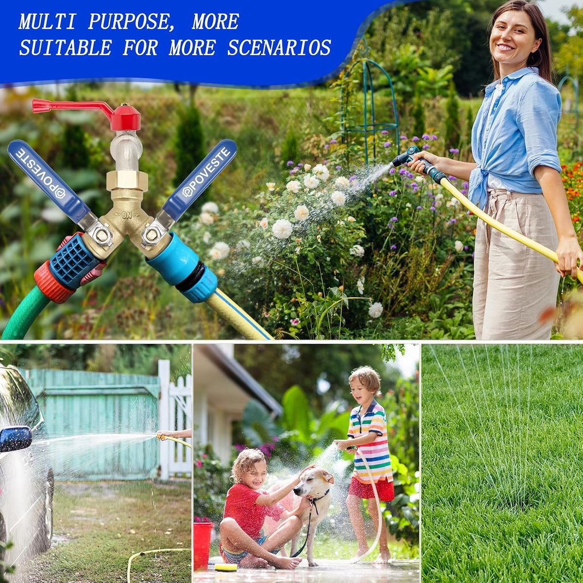 2 Way Brass Garden Hose Splitter Heavy Duty, Full Flow Y Valve Water Hose Splitter With Anti-Pinch Finger Long Raised Handle, 3/4" GHT Thread Water Tap for Gardening