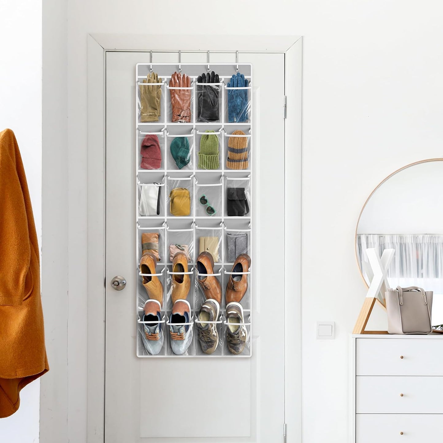 Simple Houseware 24 Pockets - Crystal Clear Over The Door Hanging Shoe Organizer, Gray (64'' x 19'')