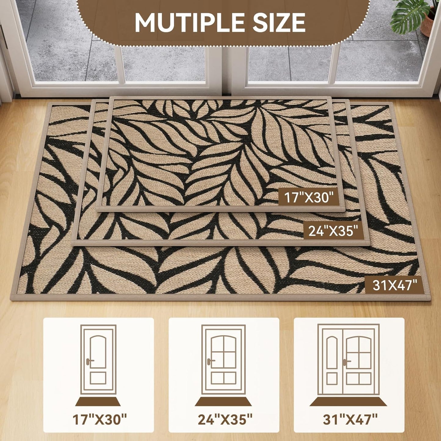 Door Mat Indoor Outside Entrance 17"x30", Low-Profile Non Slip Outdoor Inside Doormat Entryway Mat, Dirt Resistant Absorbent Front Porch Welcome Entry Mats, Washable Easy Clean, Brown