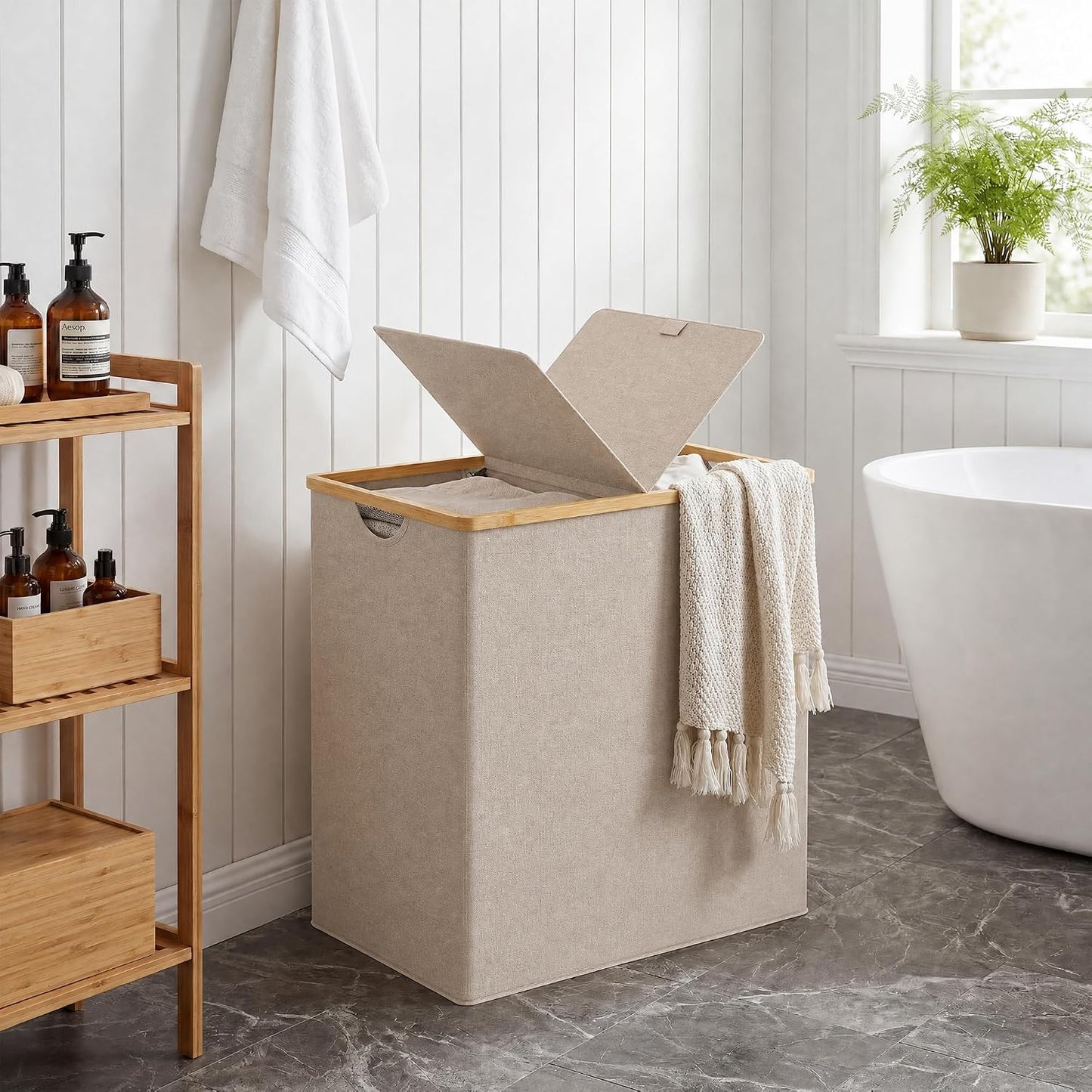 efluky Laundry Hamper with Lid, Trio Laundry Basket with 2 Removable Bags, 3 Section Laundry Bin with Bamboo Handles for Bathroom, Bedroom & Laundry Room, 160L (42.3 Gallon) Beige