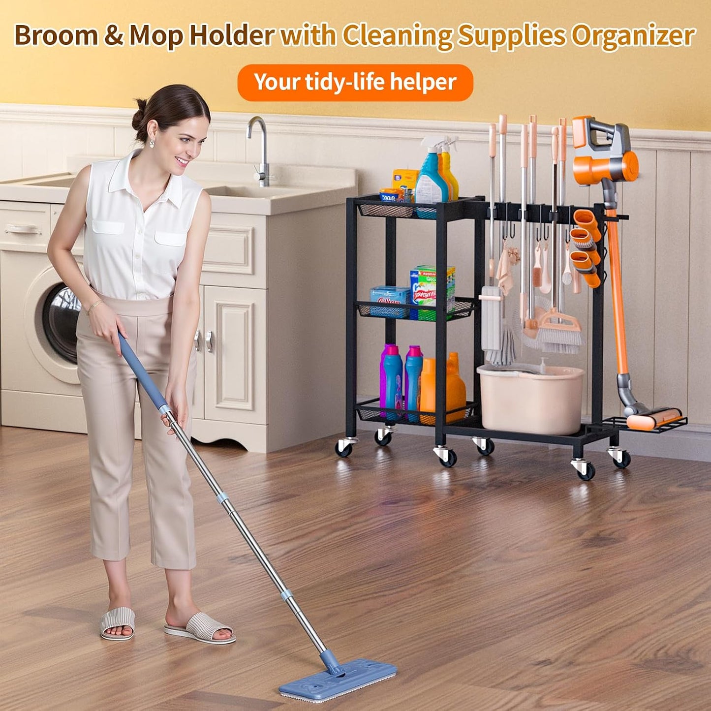 Broom Holder with Cleaning Supplies Organizer Load 160 LBS Cleaning Cart with Wheels Broom Closet Storage with 6 Mop Hanger Grippers, 3 Double-Hooks, Vacuum Stand for Laundry Garage Organization