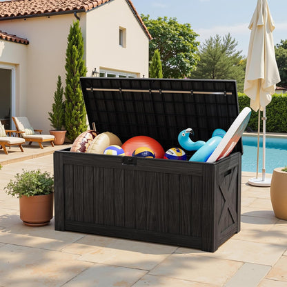 Greesum Outdoor Storage Box 31 Gallon Storage Box with Lid for Patio Furniture, Garden Tools, Pool Supplies, Waterproof and UV Resistant, Lockable, Dark Black
