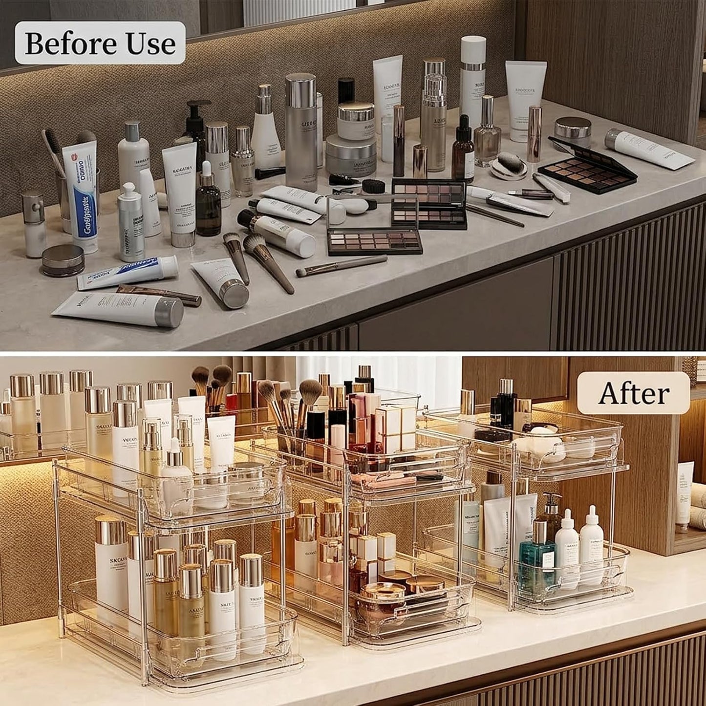 2 Tier Bathroom Storage Organizer, 2 Pack Clear Under Sink Organizers, Cabinet Drawer Bins for Vanity Counter, Kitchen, Pantry