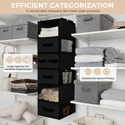 GRANNY SAYS Hanging Closet Organizer 6 Shelves, Closet Organizers and Storage with 5 Drawers, 6 Side Pockets Closet Hanging Organizer, Hanging Storage Organizer for Closet, Baby Clothes, Gray