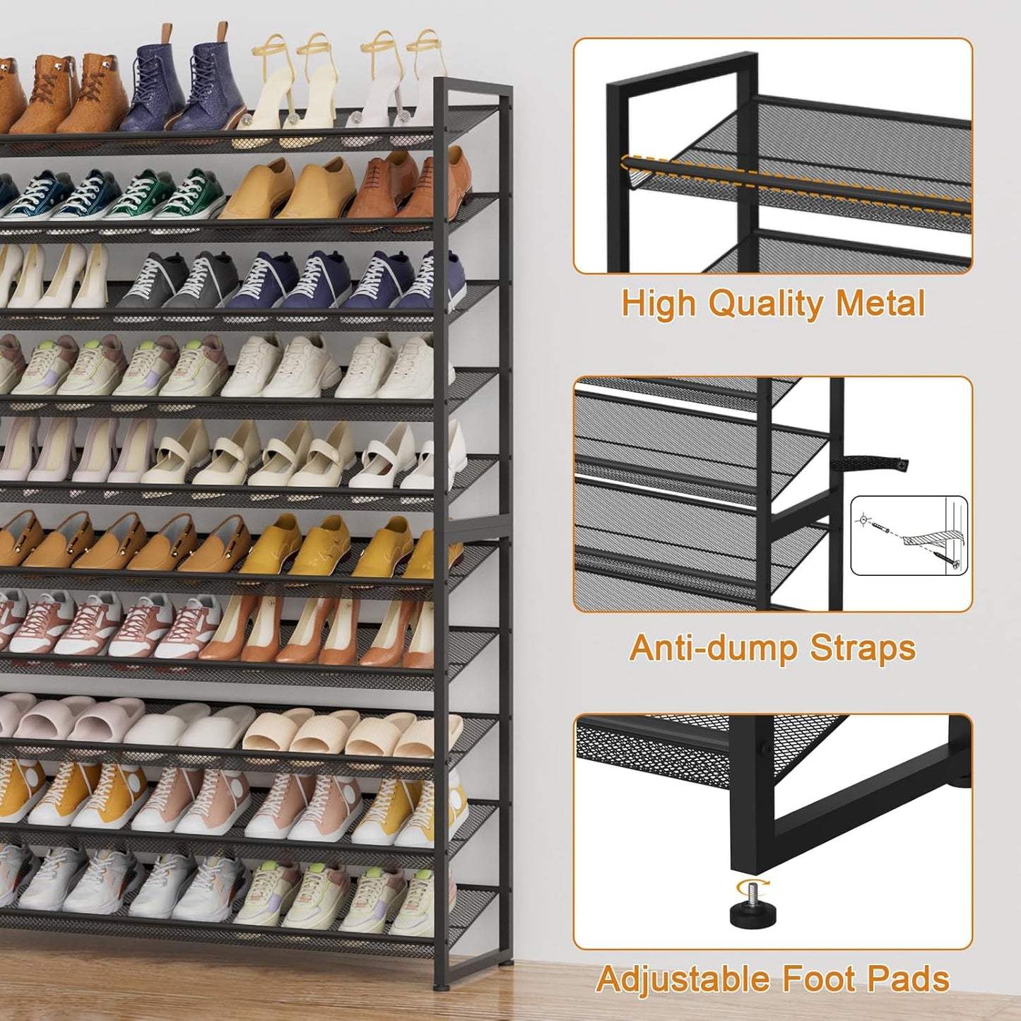 Large Shoe Rack 8 Tier Shoe Organizer, Heavy Duty Metal 4-Tier Stackable Shoe Storage Vertical Shoe Rack for Closet Front Door Entrance, Up to 50 Pairs, 44.8" W x 11.4" D x 56.7" H, Black