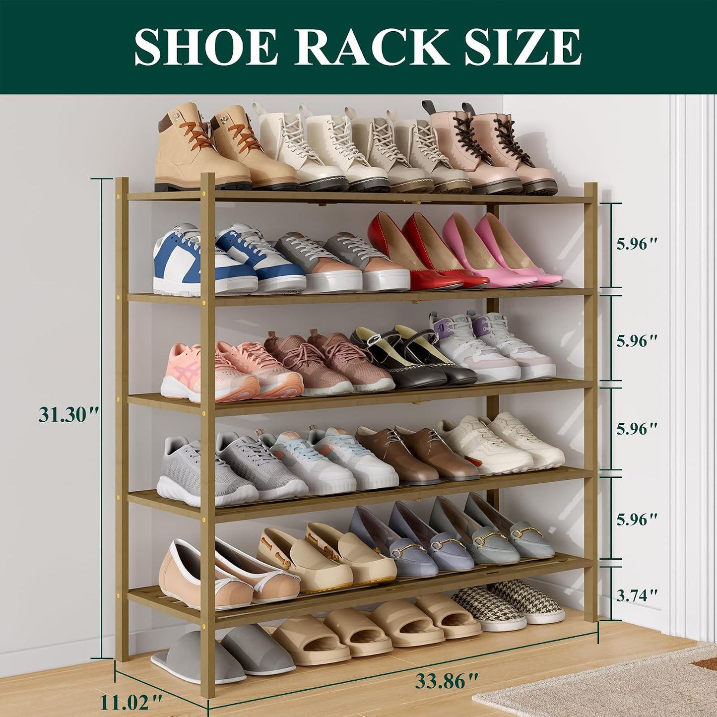 Smiry Bamboo Shoe Rack, 3 Tier Free Standing Wooden Shoe Organizer, Stackable Wood Shoe Storage Shelf for Closet, Entryway, 5 Horizontal Slats, 26.8"x11"x18.3", Natural