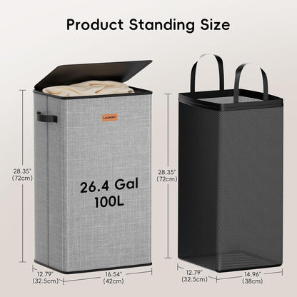 185L Laundry Hamper 3 Section, Laundry Hamper with Lid, Dirty Clothes Hamper with 3 Removable Washing Bags, Extra Large Laundry Basket Organizer for Bedroom, Laundry Room, Dorm - Black